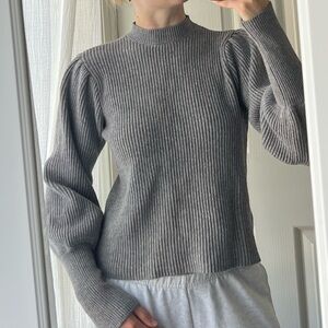 Bershka Ribbed Puff-Sleeve Mock Neck Sweater - Gray